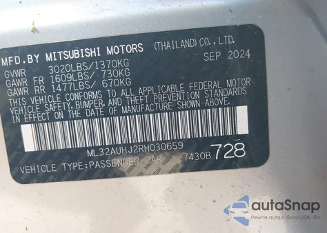 2024 Mitsubishi Mirage Es/Le from USA, damaged, VIN ML32AUHJ2RH030659
